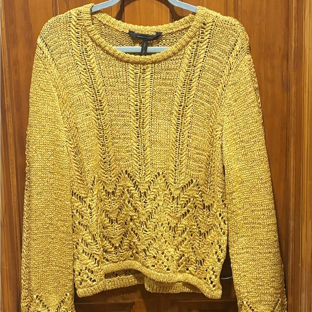 BCBGMaxAzria Yellow Openwork Knit Crewneck Sweater